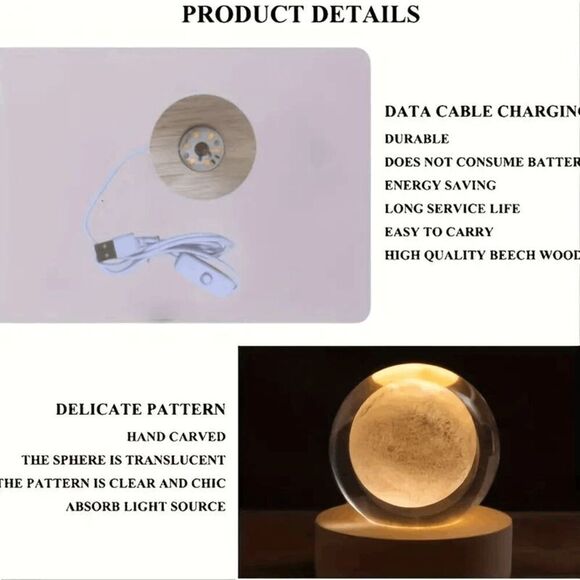 3D Color-Changing Outer Lunar Moon Crystal Ball Small Night Light - Picture 3 of 4